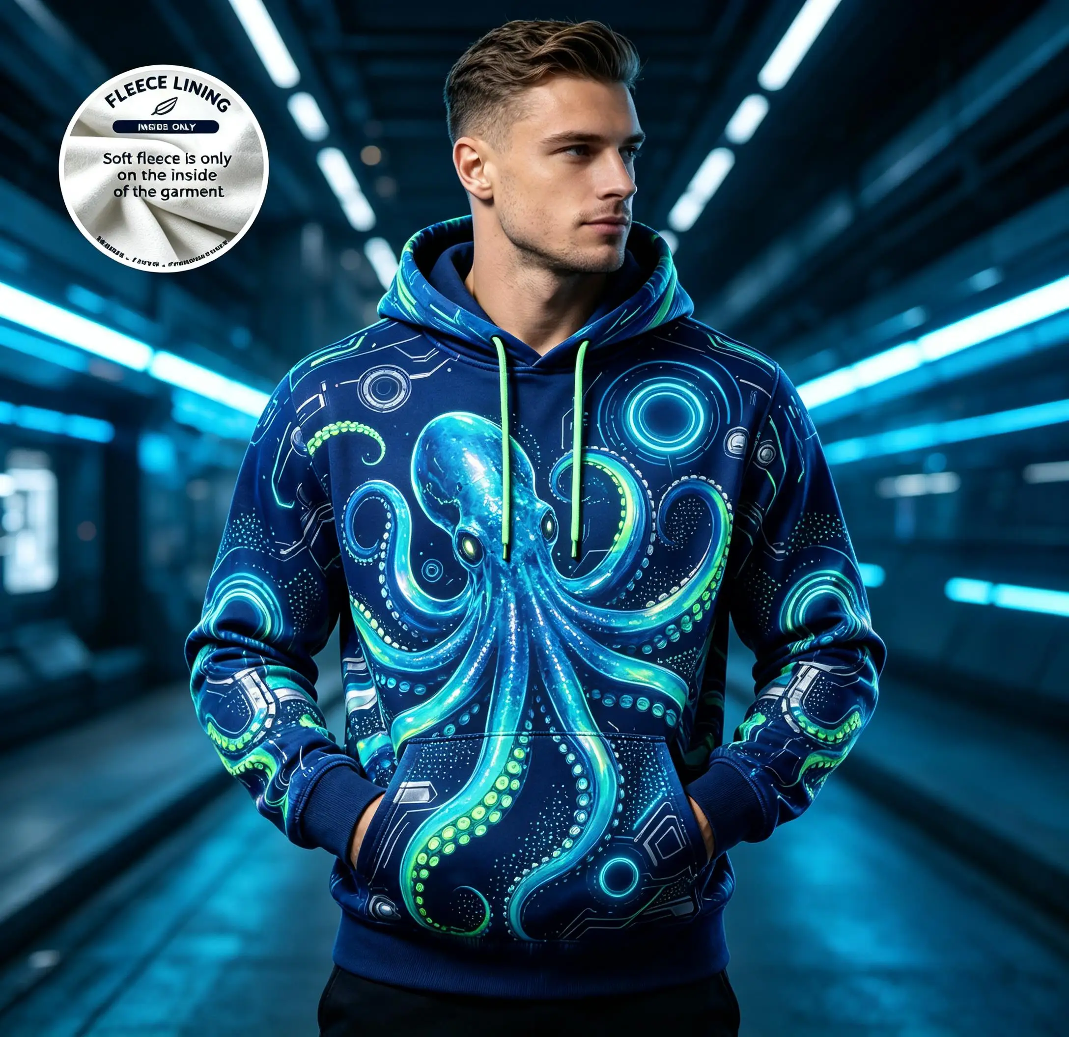 Men Fleece Lined Hoodie Navy Blue Cyber Octopus Neon Circuit Print Drawstring Pullover Sweatshirt