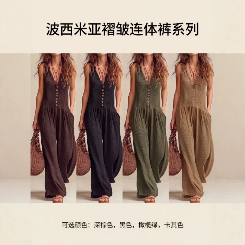 New Loose V-Neck Wide Leg Slim Jumpsuit Bohemian Casual Summer Women EU US Style