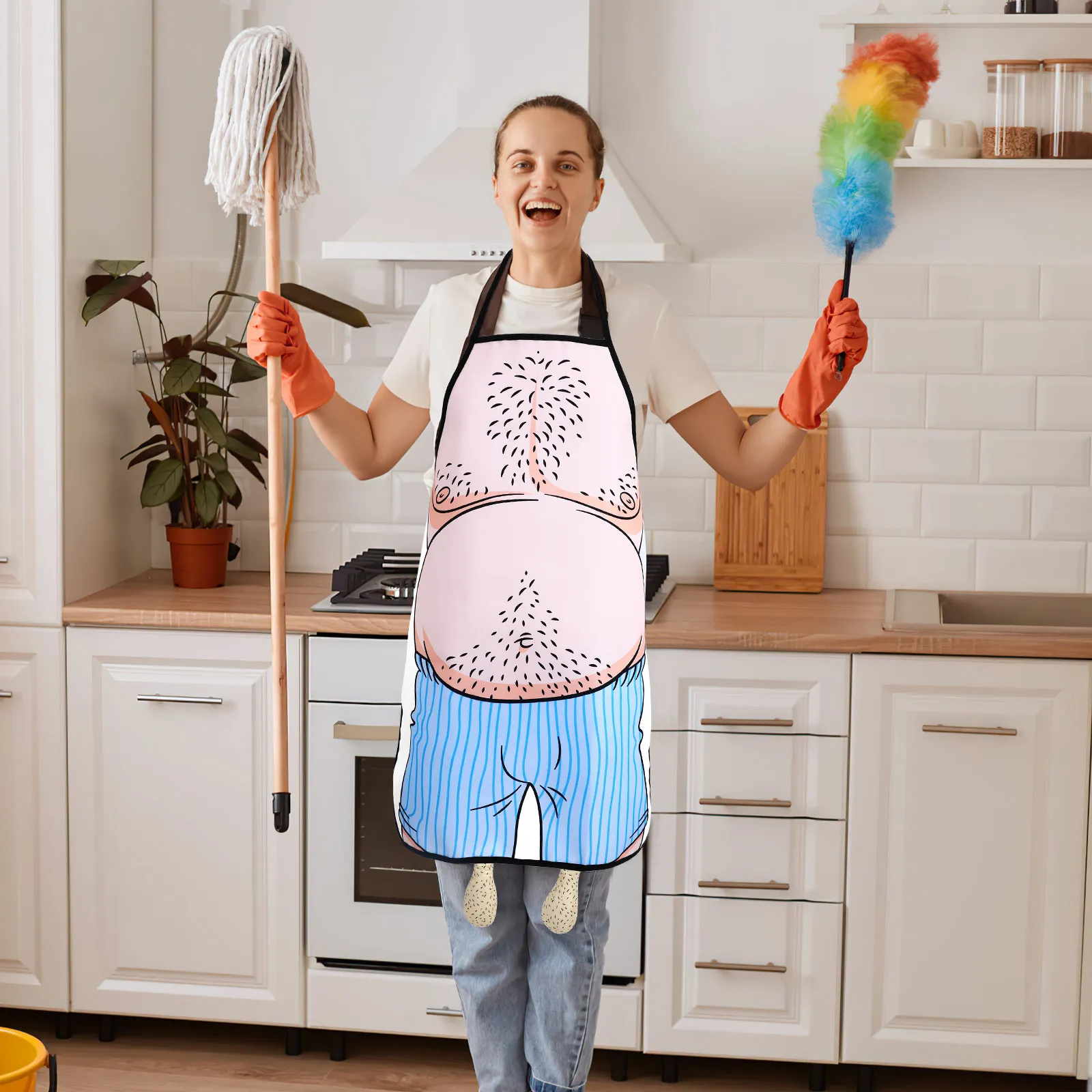 

Funny Apron Twill Fabric Printed Wacky Belly Man Pink Size 74x56cm Machine Washable Cooking Grilling BBQ Gift Boyfriend