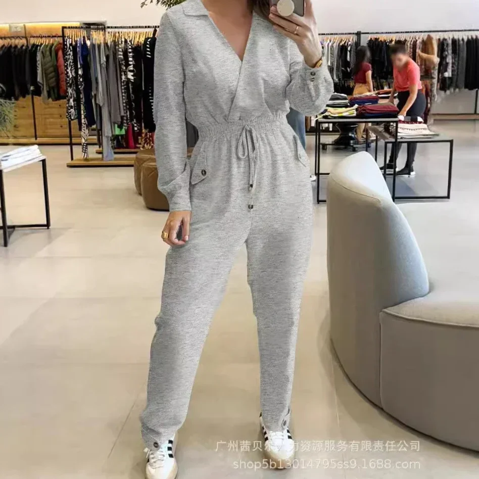 V-neck Drawstring Waist Jumpsuits Women One Piece High Waist Overalls Long Pants Work Elegant Splice Rompers Spring Autumn