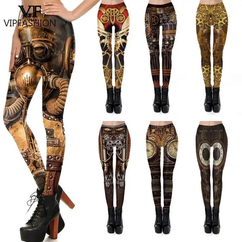 VIP FASHION Steampunk damskie legginsy elastyczne spodnie do ćwiczeń Fitness damskie spodnie punkowe średnio wysoki szew seksowne rajstopy Party prezenty