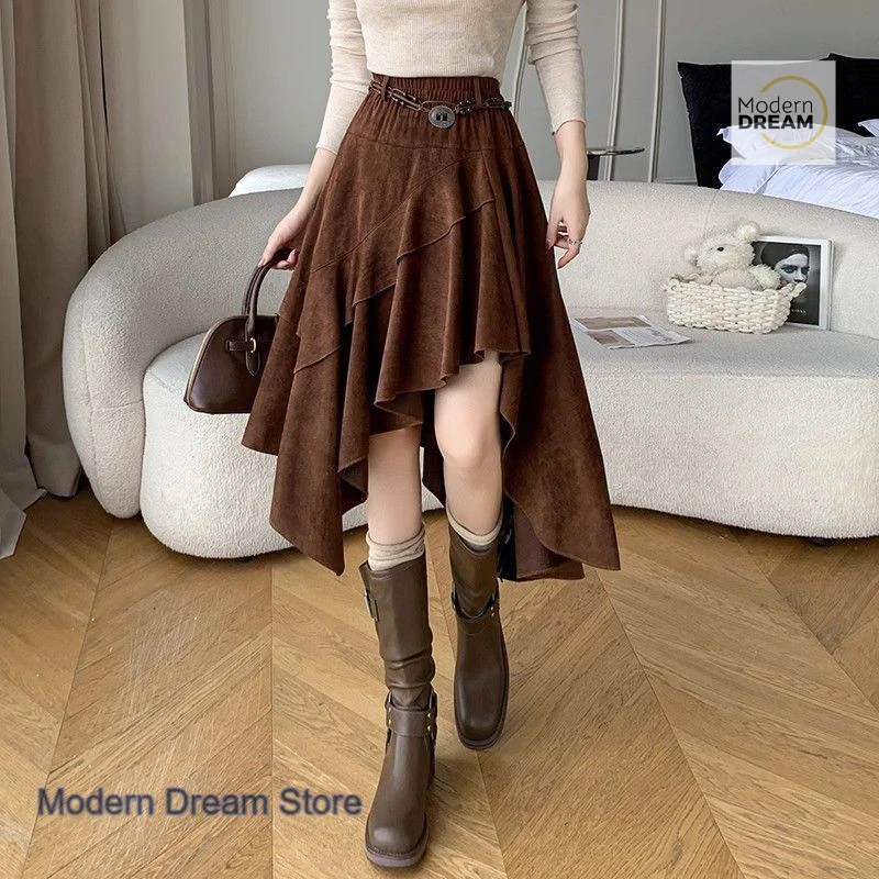 French flounced deerskin skirt women's spring and autumn high waist irregular A-shaped fluffy long skirt anti-exposure skirt