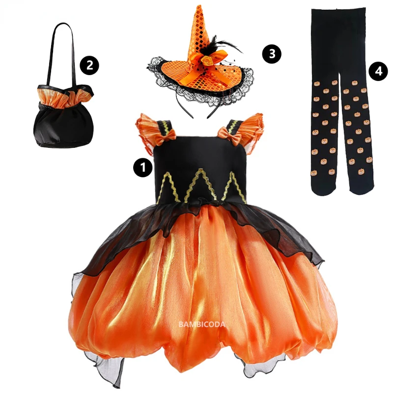 Cosplay Witch for Girl Kids Princess Dress Up Bubble Sleeve Pumpkin Mesh Halloween Costume Carnival Party Disguise Scary Set