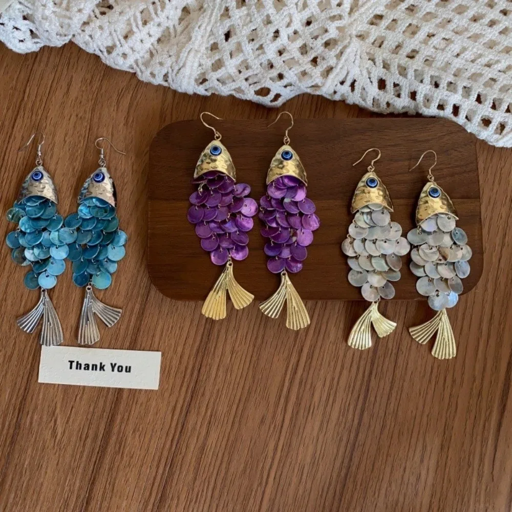 Retro Personality Fish-shaped Earrings Scaly Alloy Imitation Shell Tassel Earrings Ear Hook Design Elegant Dangle Earrings Beach