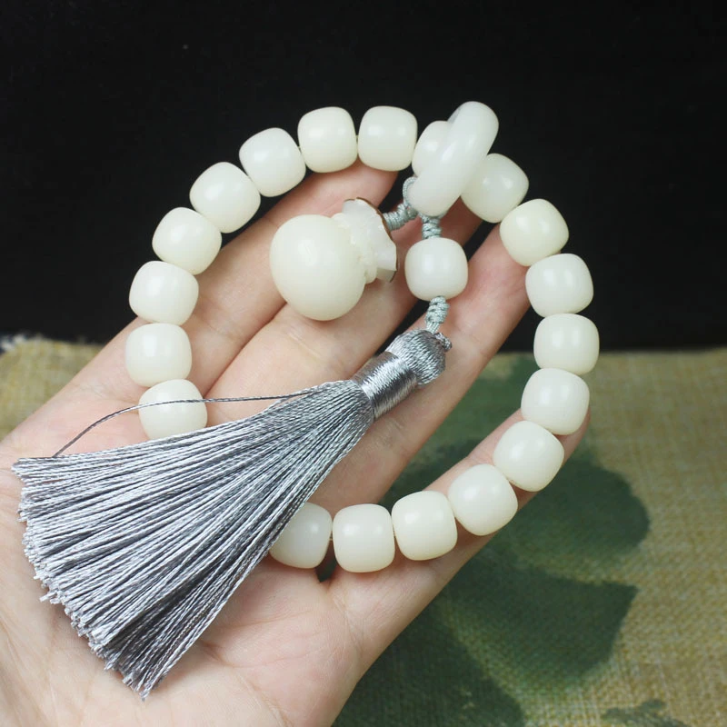 White Jade Bodhi Barrel Bead 12mm Handheld Car Hanging Money Bag Tassel Style Unisex Decorative Prayer Bead Ornament