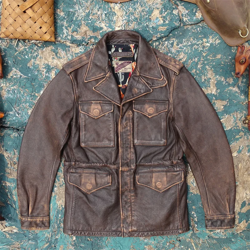 Vintage American Style Leather Jacket Men's Field Coat Tea Core Coloring Stone Grinding Old Head Layer Cowhide