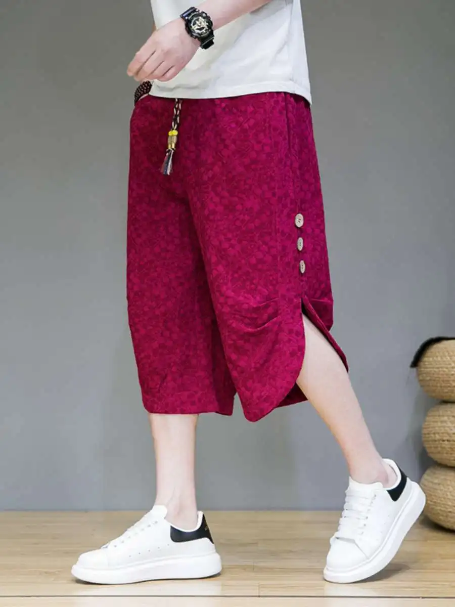 

Summer Wide Leg Pants Men's Loose Printed Cotton Linen Casual orts plus Size Youth Seven-Foot-Length Straight Tube Pants
