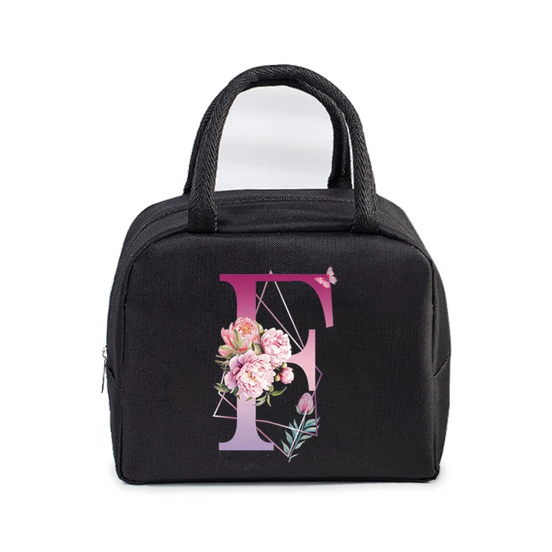 Bolsa de almuerzo portátil para mujer, bolso de mano con estampado de flores, con aislamiento térmico, con 26 letras, Unisex