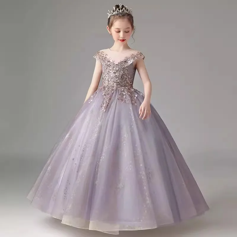 Formal Dress for Girls Long Tutu Prom Dress Cap Sleeve Elegant Evening Gown Performance Ceremony Pageant Dress Sequin Tulle