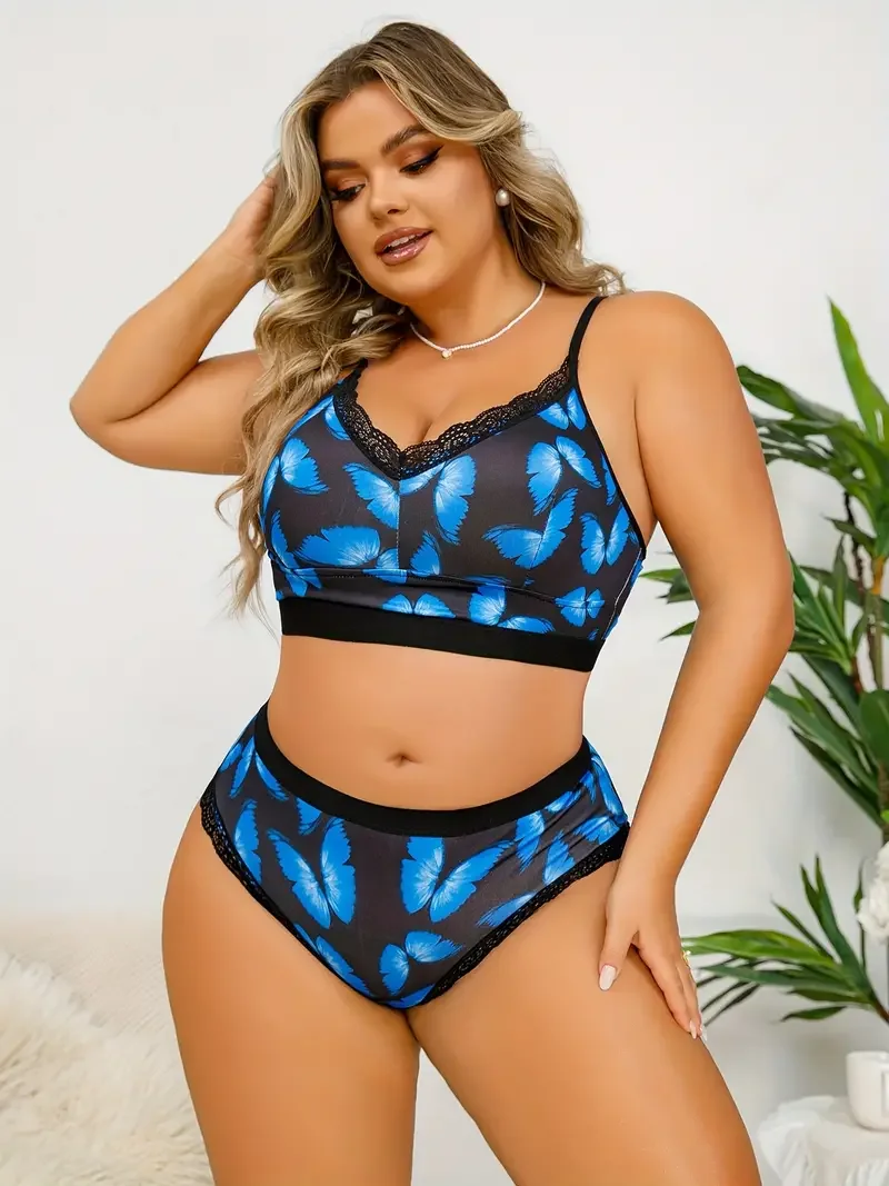 

Women's Matching Sexy Lingerie, Plus Size, Butterfly Print, Contrast Lace Trim, Bra and Panty, Two Piece Set