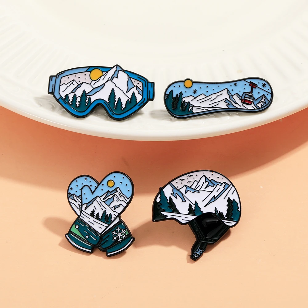 Sports Snow Mountain Pattern Ski Theme Enamel Brooches Skateboard Gloves Helmet Goggles Shaped Pins Winter Badge Jewelry