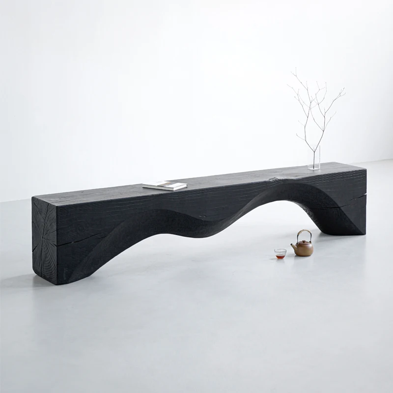 Carbonized wabi-sandy wind solid wood bench homestay designer creative hotel log rest bench TV cabinet shoe changing stool