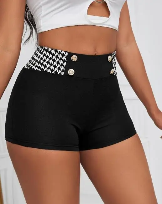 2025 Primavera/Novedad de verano moda mujer mil pájaros rejilla Slim Fit cintura alta elástico de punto pantalones cortos casuales ropa de mujer