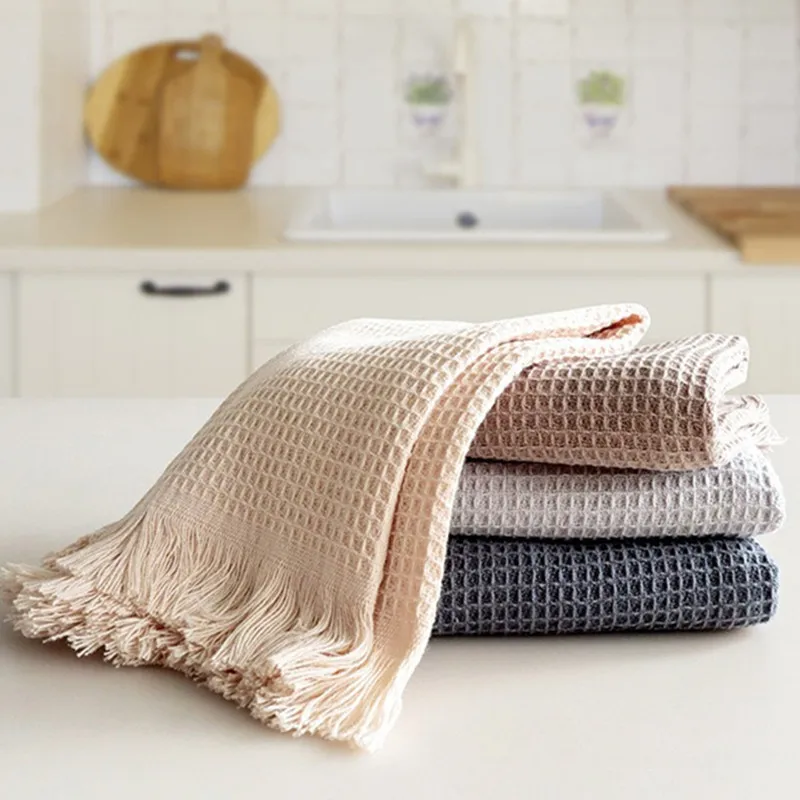 1Pc 35x35cm Square Cotton Tassels Waffle Plain Dishwashing Home Kitchen Tea Towel Scouring Cloth