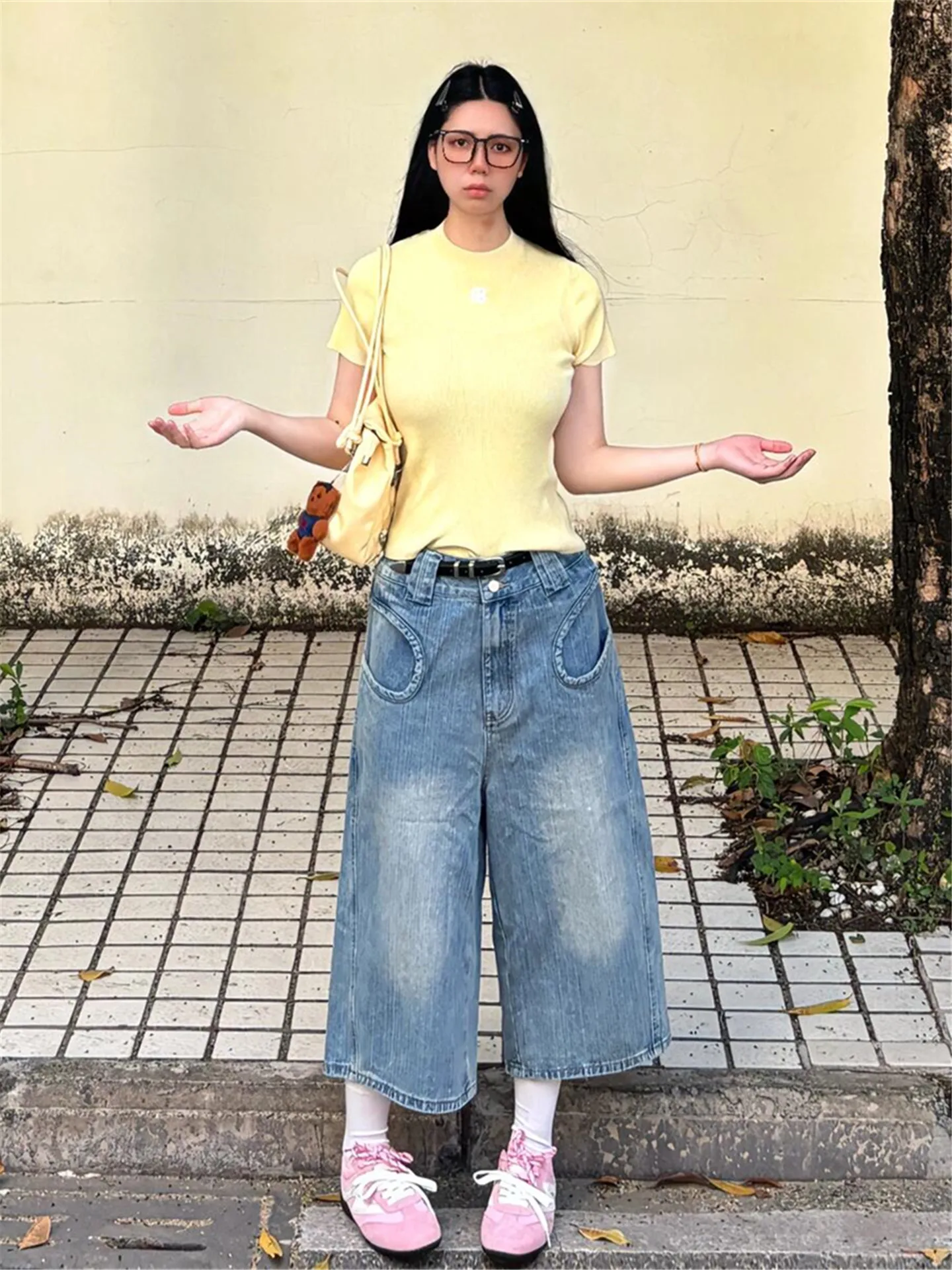 

American Street Style Retro Blue Heavy Work Bamboo Section Seven-Point Jeans Women Summer Loose Slimming Casual Mid-Length Jeans