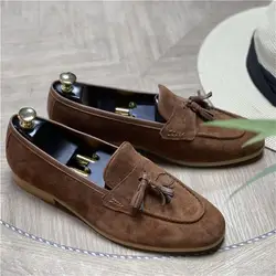 Men Loafers Suede Solid Color Square Toe Low Heel Mask Tassel Classic Fashion Business Casual Retro Dress Shoes