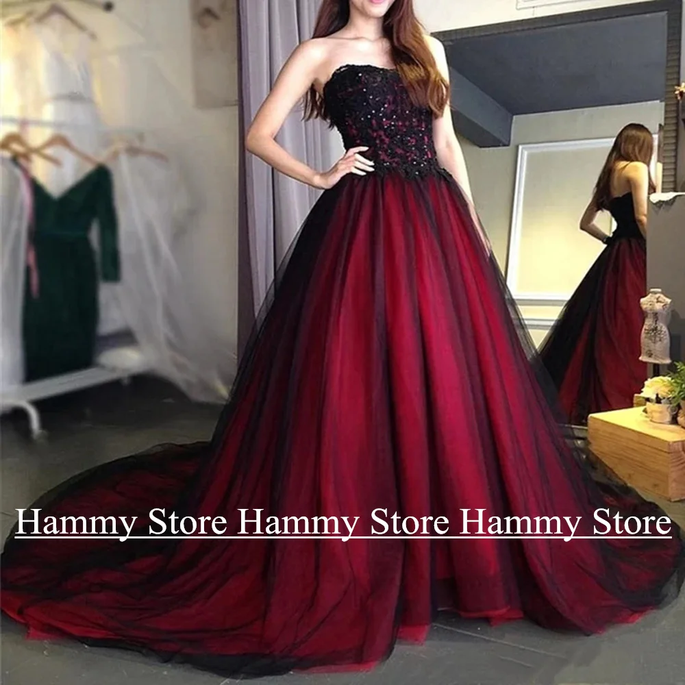 

Black and Red Wedding Dress Gothic Bridal Gown Customized Sweetheart Beading Applique Court Train Vestido De Noiva Custom Size