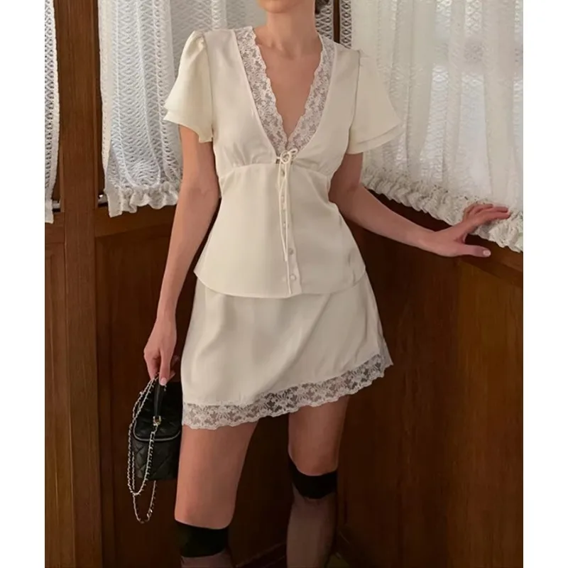 Lady Satin 2 Piece Set Summer Waist Cinching V Neck Short Sleeve Shirt Above Knee Skirt Lace Patchwork