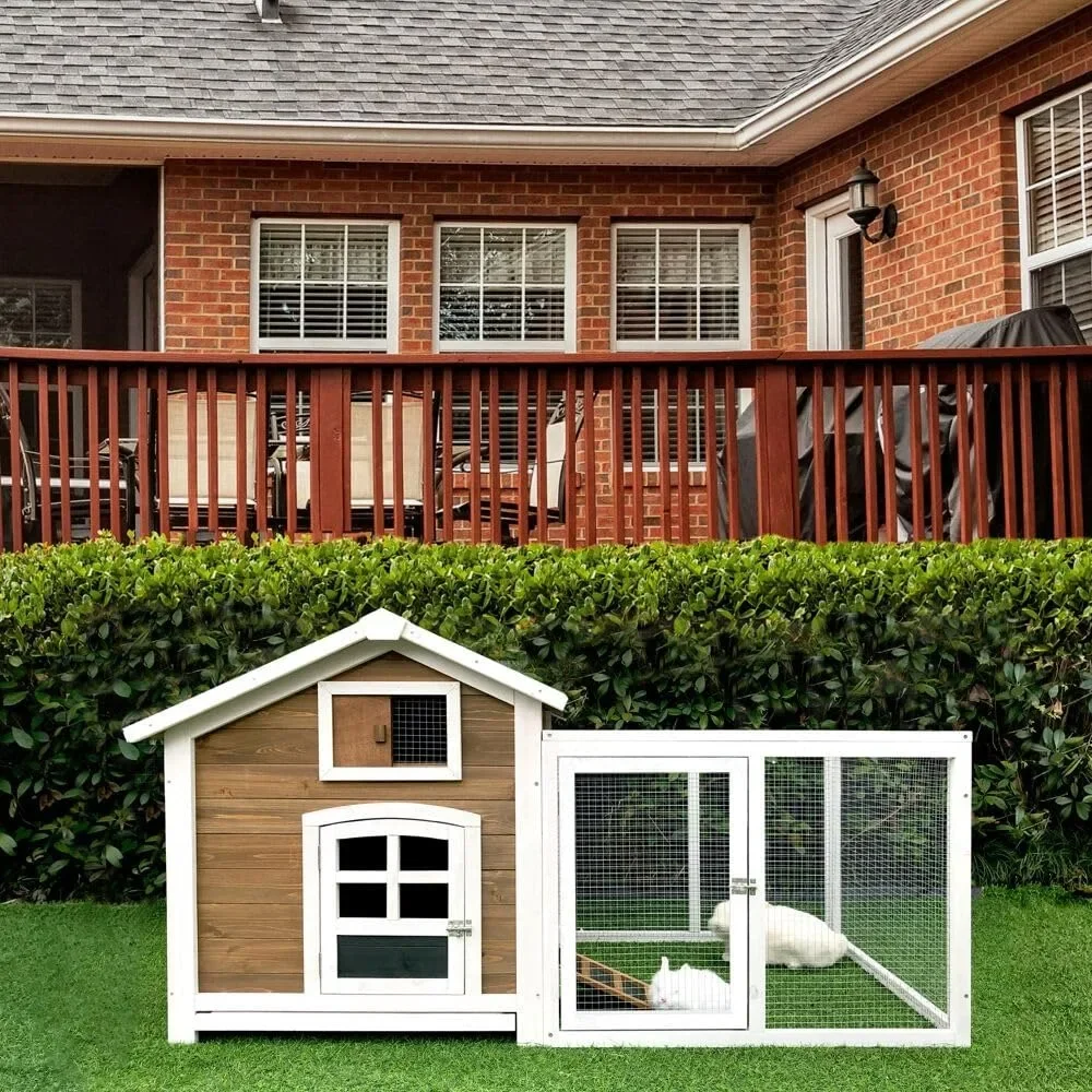 Wooden Rabbit Cage with Ramp and Ventilated Wire Mesh Run, Bunny Cage with Waterproof Roof, Removable Tray, and Two Entry Doors