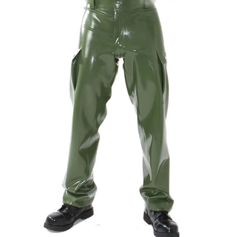 

Army Green Latex Rubber Overalls Men Pants Uniform Trousers with Outside Leg Pockets Handmade Outfit Clothing S-LTM040