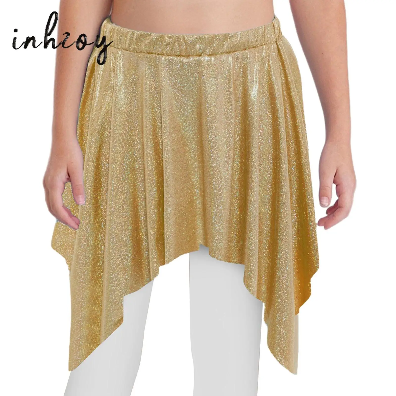 Kids Girls Jazz Ballet Dance Skirt Shiny Metallic Mini Dots Irregular Ruffled Skirts for Cheerleading Street Dance Performance