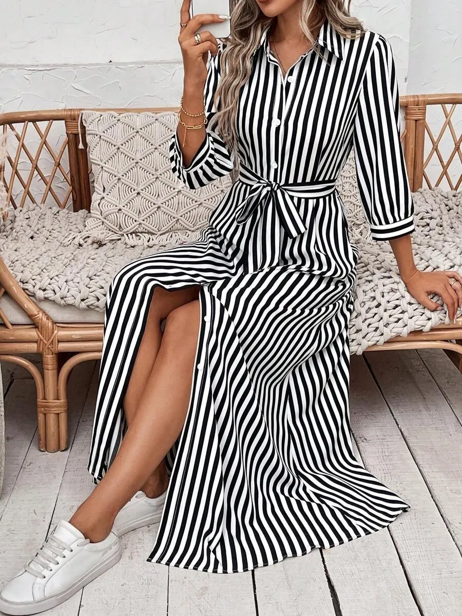 Women's Autumn Dress Long Sleeve Leaf Print Belted Color Block Casual Midi Long Dresses For Fall 2025