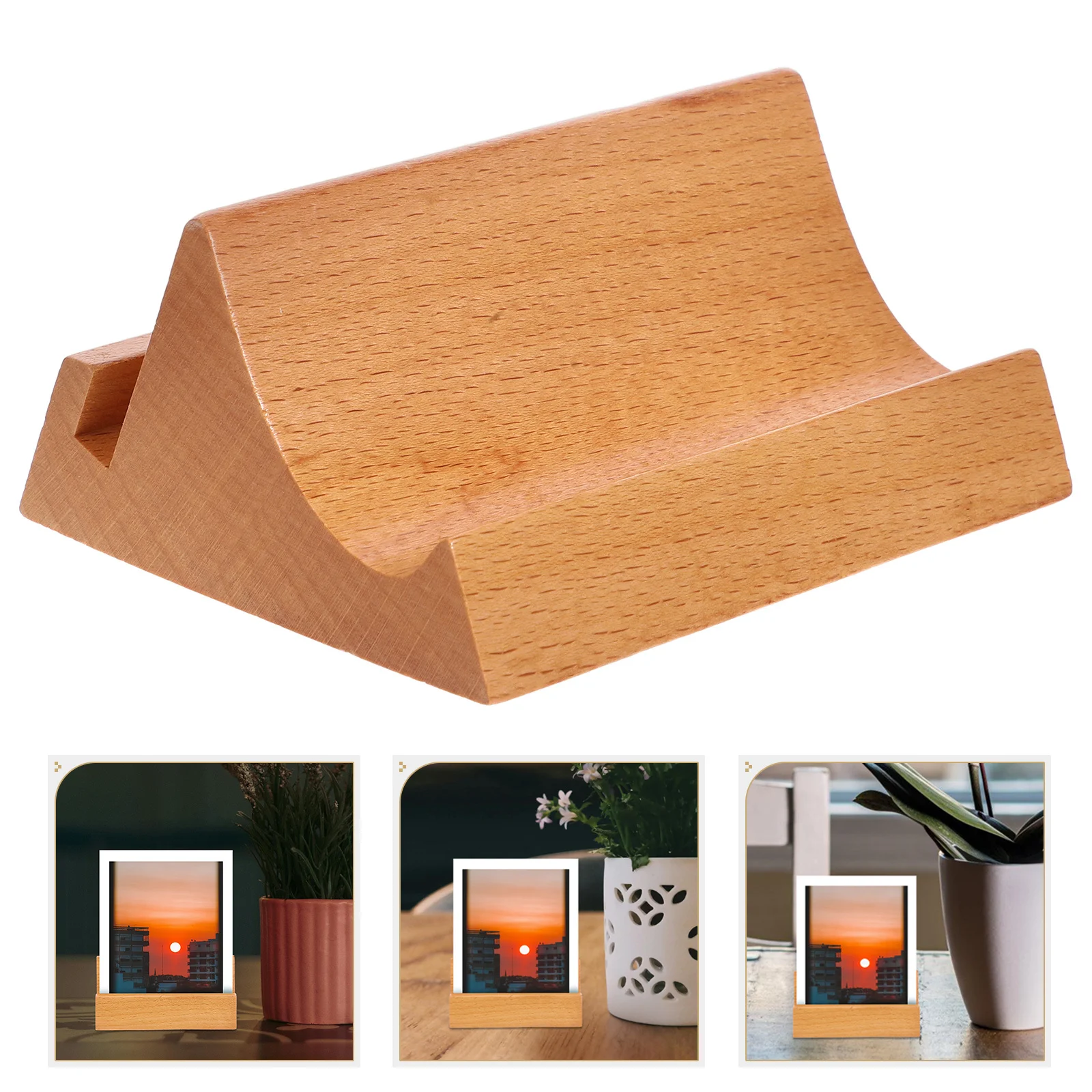 

Wooden Desk Organizer Stand Dual Slot Calendar and Phone Holder for Business Cards Postcards Tabletop Display Base