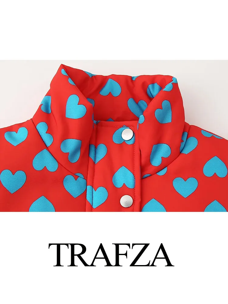 TRAFZA Damski 2-częściowy zestaw Love Heart Dot Printed Zipper Pocket Buttons Design Casual Cotton Jacket Coat+Fashion A-line Mini Skirt