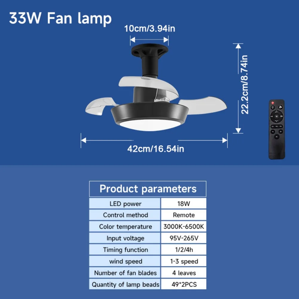 

2 in 1 Ceiling Fan Light 3 Lighting Modes with Remote Control Electric Cordless Fan Wind Speed Adjustable Quiet Fan Lamp