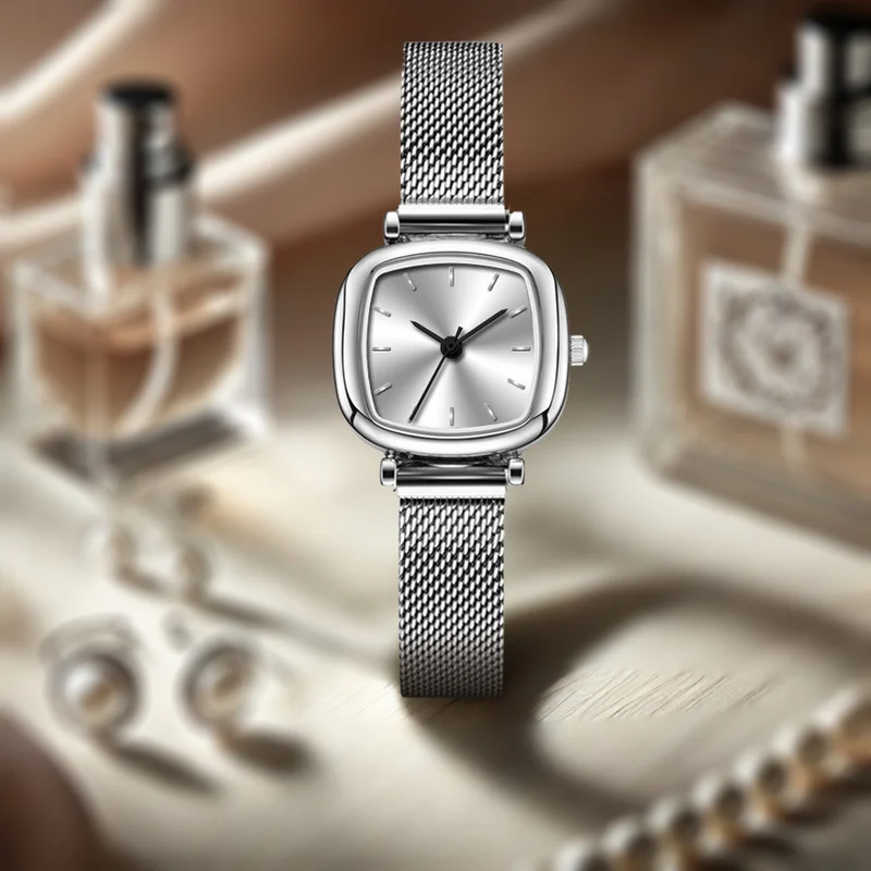 1 pieza de reloj de cuarzo con puntero de uñas cuadrado ligero de estilo simple con correa de malla blanca plateada para mujer