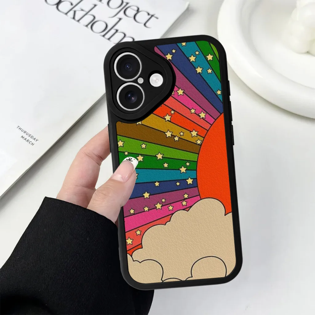 Casing ponsel matahari pelangi 70s, casing kulit silikon untuk iPhone 16 Pro Max