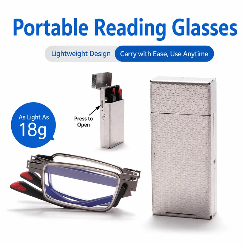 Kompakte Tragbare Faltbare Lesebrille mit Metalletui, Ultraflachem Metallrahmen, Anti-Blaulicht HD-Gläsern, Langlebigem Metallscharnier