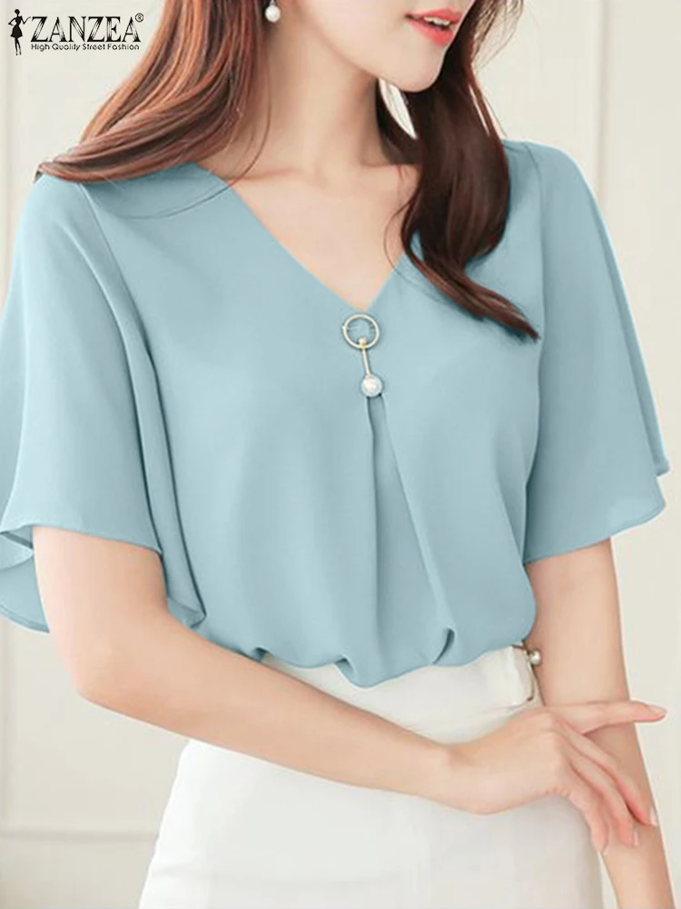 

ZANZEA Elegant Women Pearl Pin Detail Blouses 2025 Summer V-Neck Ruffle Short Sleeve Blusas Mujer Fashion Commute Solid Tops