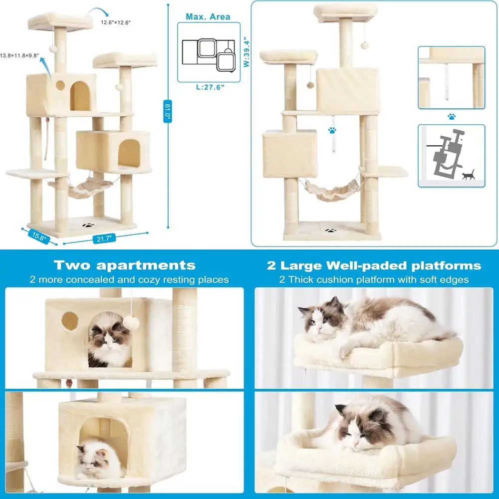

Многоуровневое кошачье дерево с сизалевыми когтеточками, плюшевыми комбайнами и гамаком, бежевый