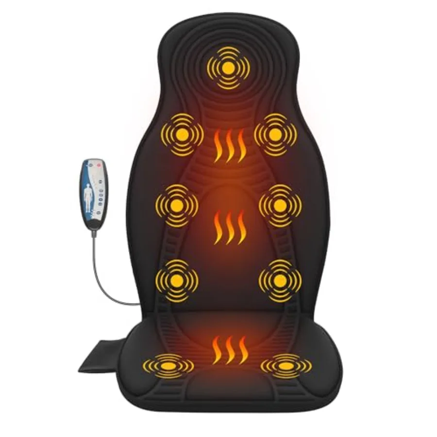 Masajeador de espalda para silla con cojín de masaje térmico para alivio del dolor, 9 motores de vibración, 3 áreas de calentamiento, temporizador de 30/60/90 minutos.