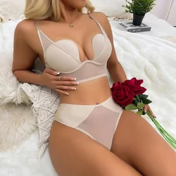 New Mesh Low Lingerie Cut U-shaped Sexy Erotic Gathering Invisible Back Bra Underwear Women's Set Lace Push Up Female Breathable