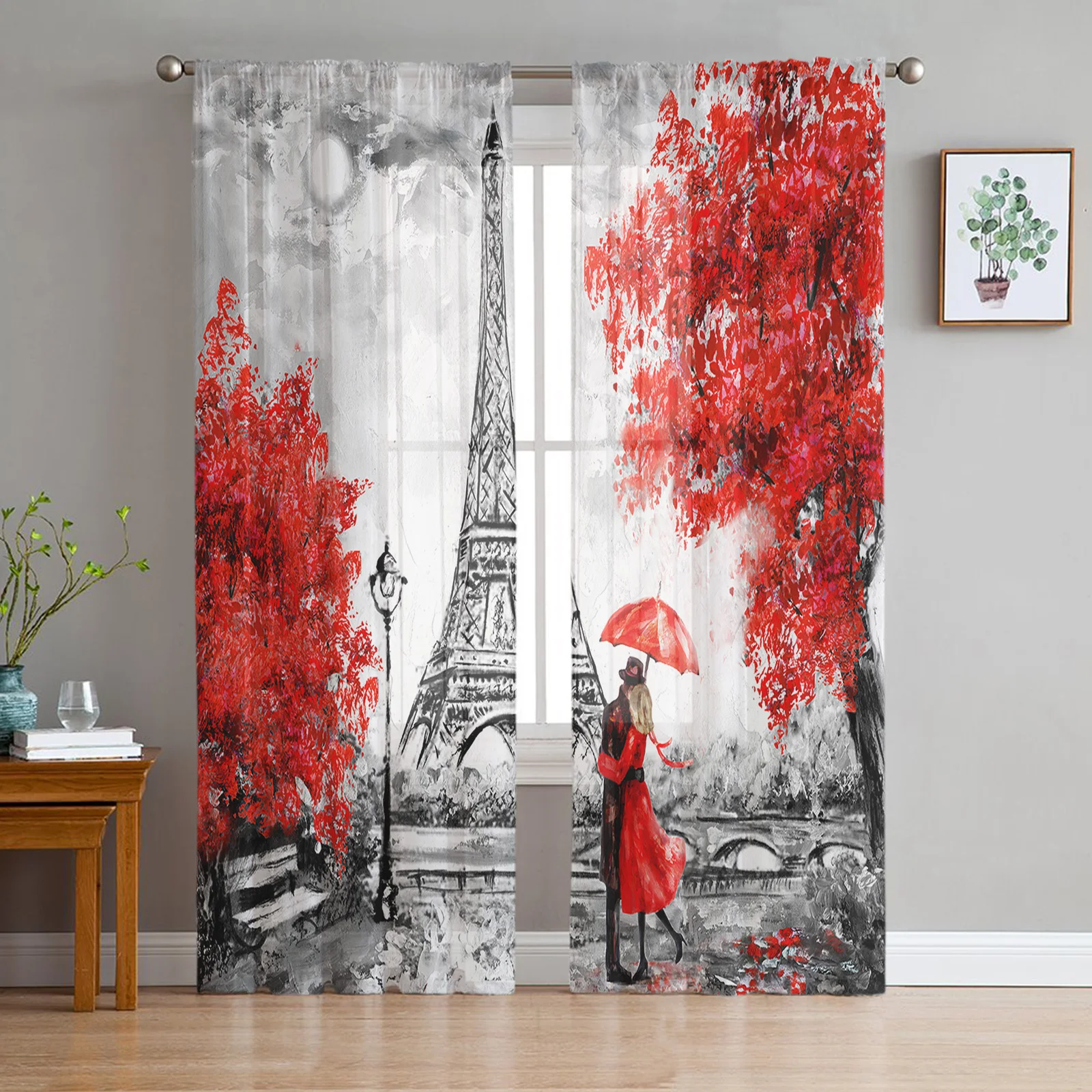 Paris Seine Woman Eiffel Tower Red Lips Paris Sheer Curtains for Living Room Bedroom Window Treatment Kitchen Chiffon Curtain