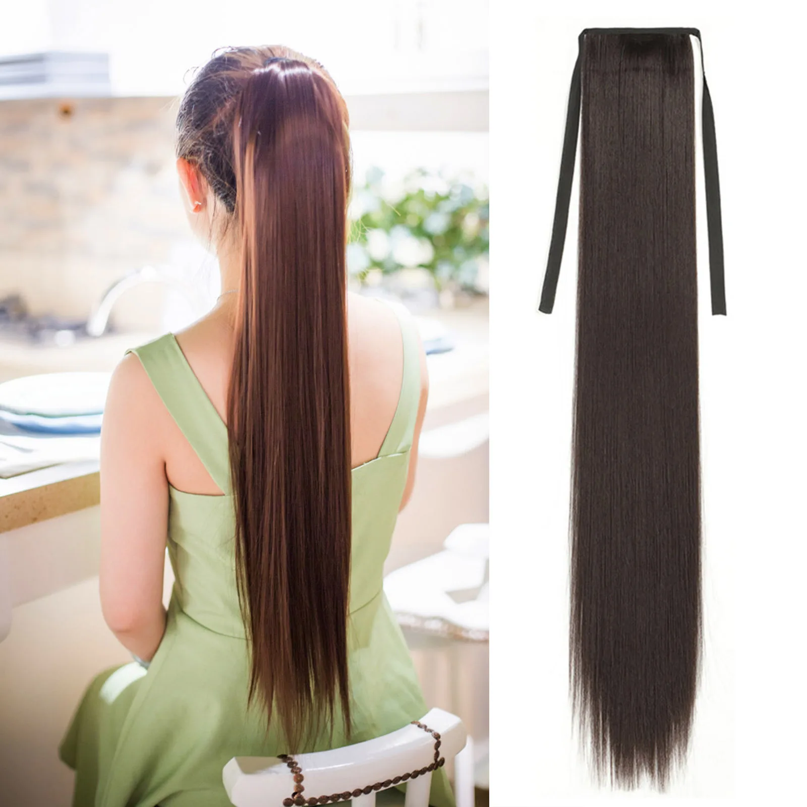 Jeedou 32inch Extra Long Ponytails Straight Hair Ribbon Ponytail Extension Synthetic Hairpiece for Girls Ladies Daily Use
