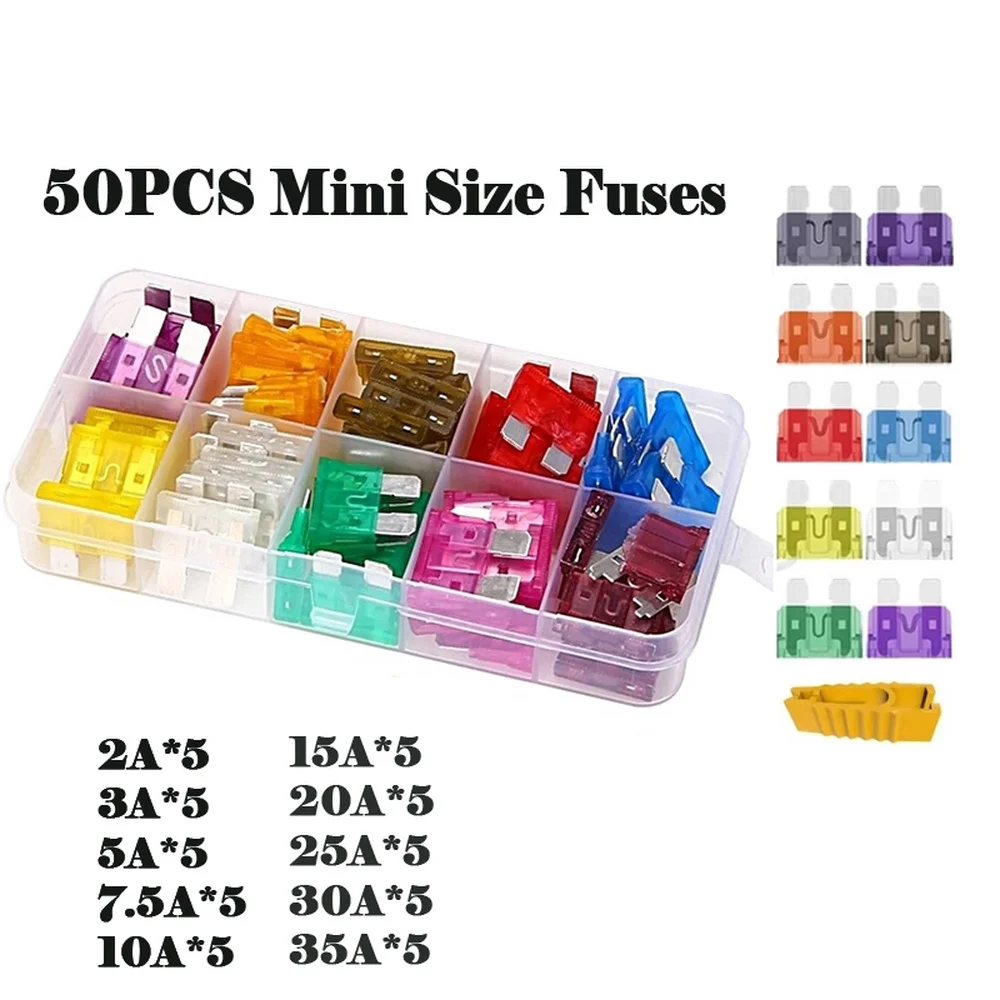 

50PCS Zinc Car Fuse Power-off Protection Mini Car Fuses Automotive Blade Type Micro Fuse Assortment In Box 2A-35A