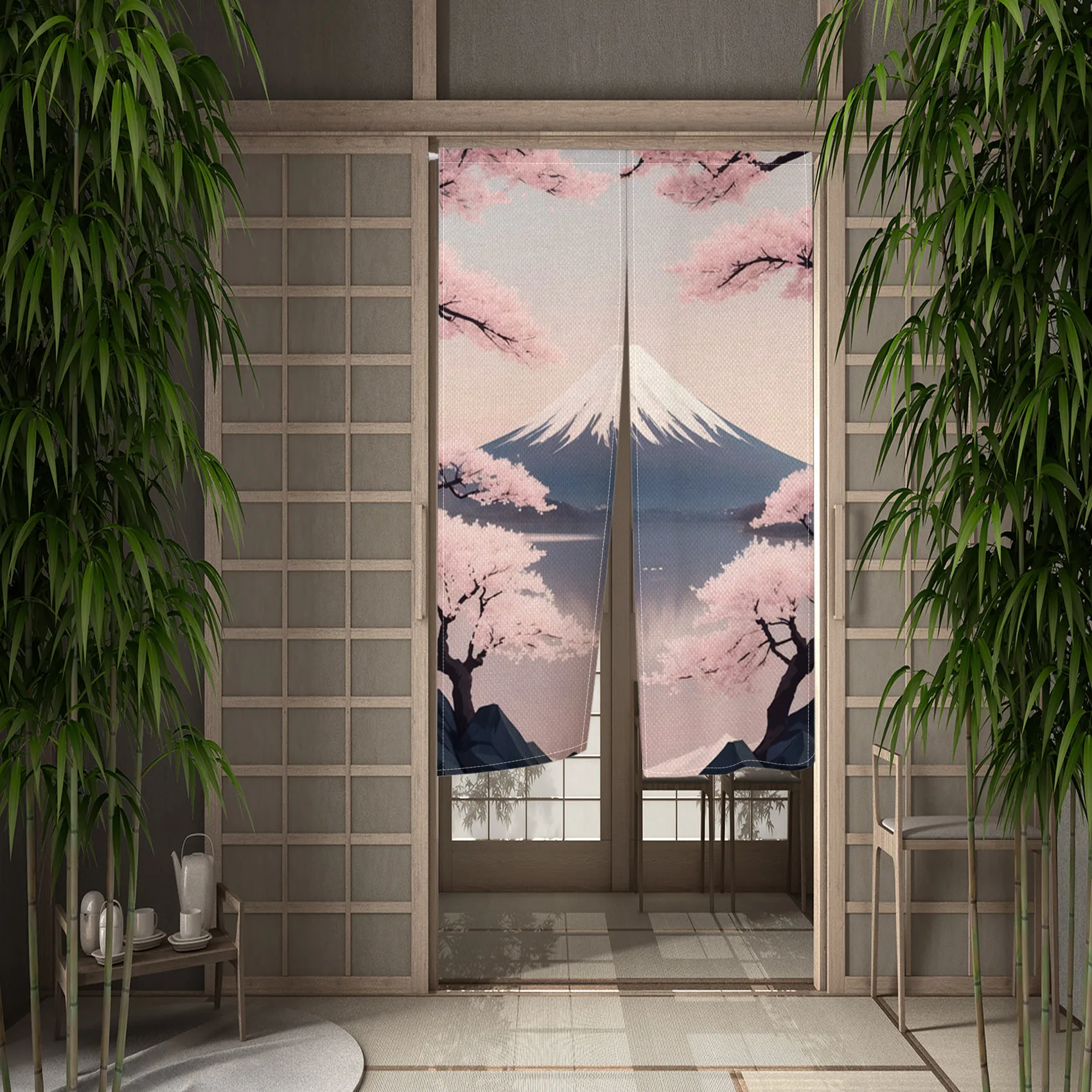 Cherry Blossom Mt. Fuji Japanese Scenery Door Curtain Noren Bedroom Restaurant Door Head Hanging Hanging Half Curtain Opaque