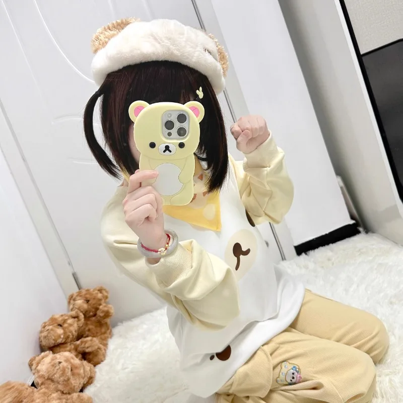 2024 Original Homemade Japanese Cute Versatile Color Matching Round Neck Apricot Cartoon Bear Sweater Long Sleeve Top For Girl