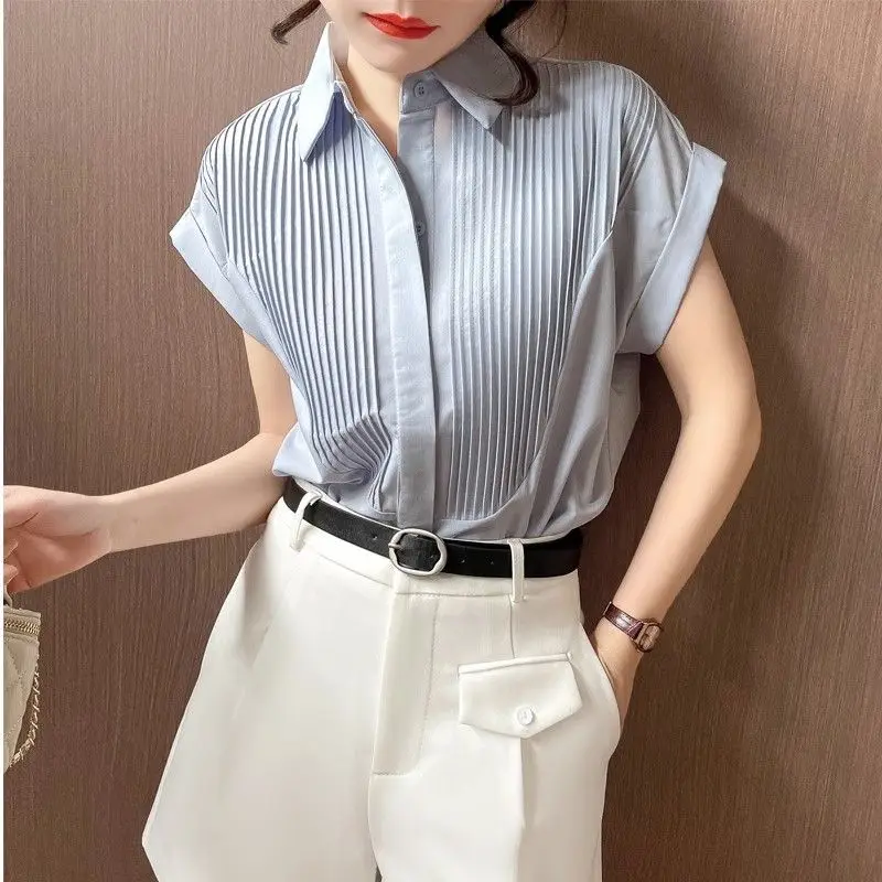 Summer Solid Color Pleated Shirt Commute Single-breasted Female Clothing Turn-down Collar Korean Loose Spliced All-match Blouse