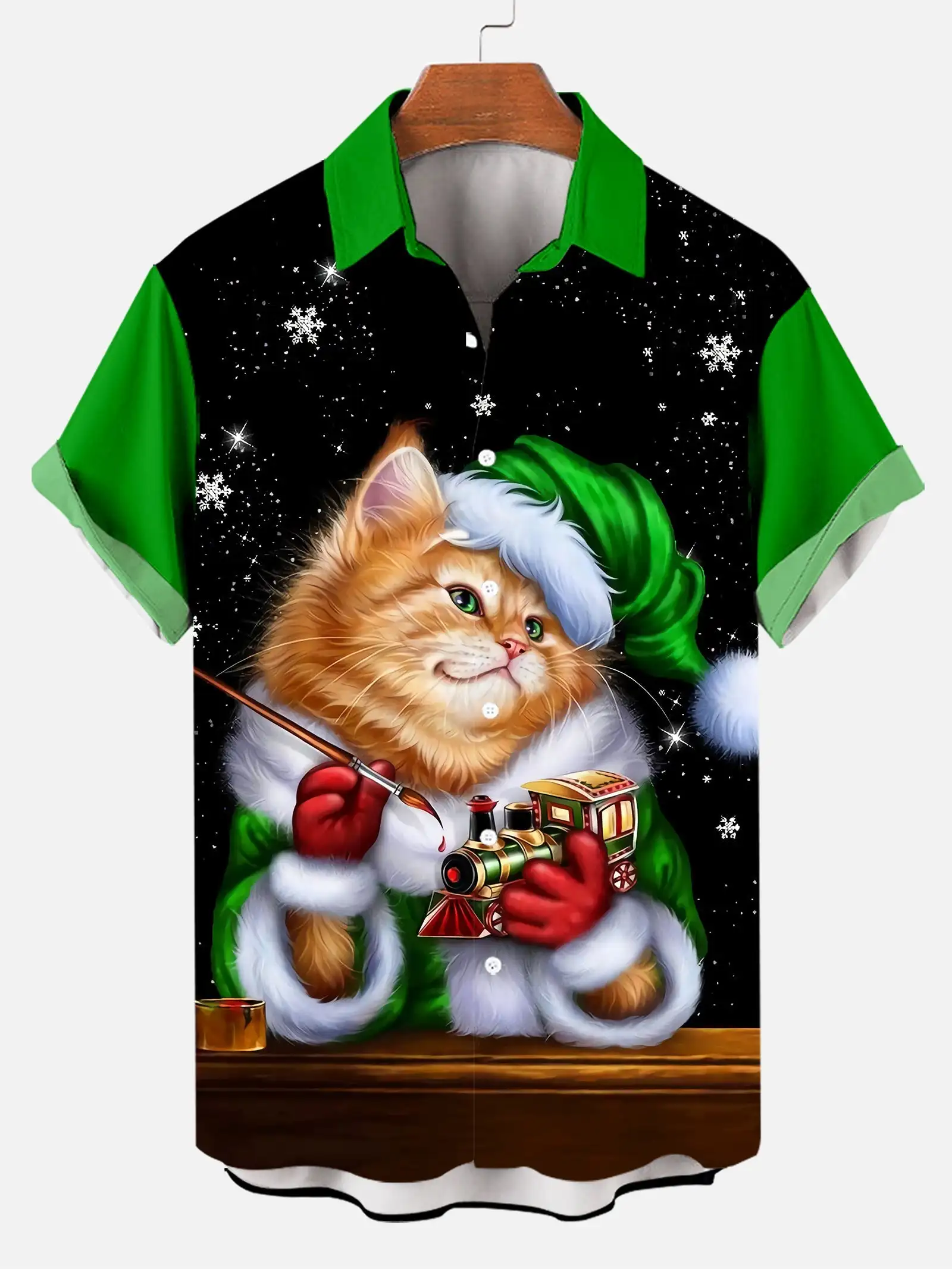 Christmas men's short sleeve lapel shirt 3d printed kitten with Christmas hat print casual comfortable shirt as a New Year gift