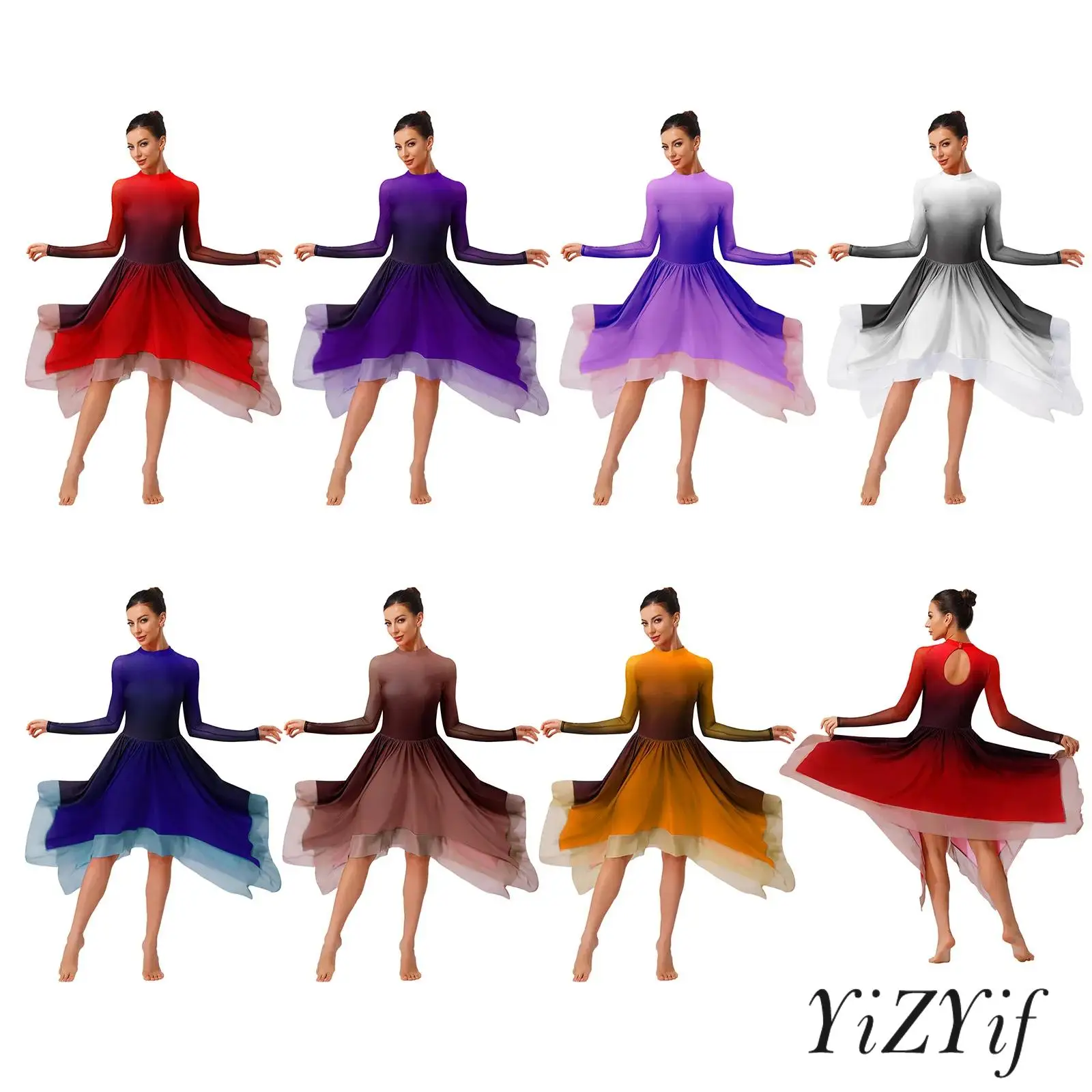 

2025 New Womens Lyrical Dance Dresses Mesh Long Sleeve Leotard Dress Figure Skating Modern Dance Performance Clothes Dancewear