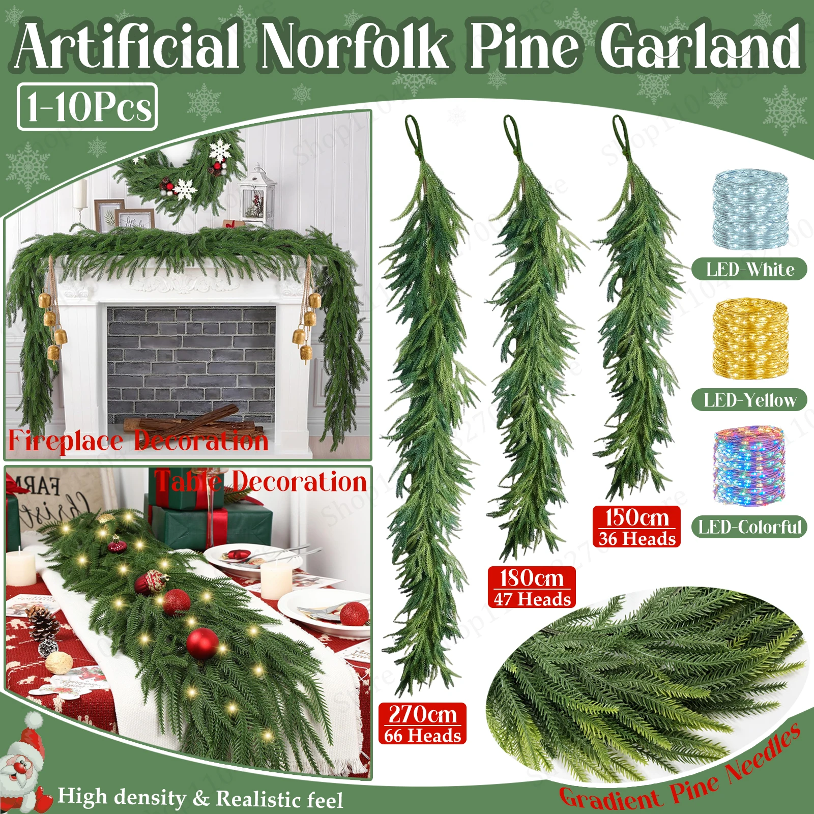 1-10 Peças Nova Guirlanda de Pinheiro Norfolk de Natal com Luz LED, Guirlandas Artificiais Realistas de Pinheiro Norfolk para Decoração de Festas e Casa no Natal