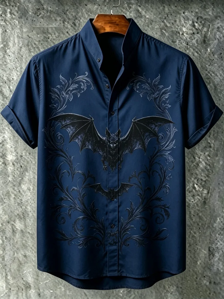

Men's Gothic Bat Print Stand Collar Short Sleeve Shirt Loose Comfort Casual Streetwear Top