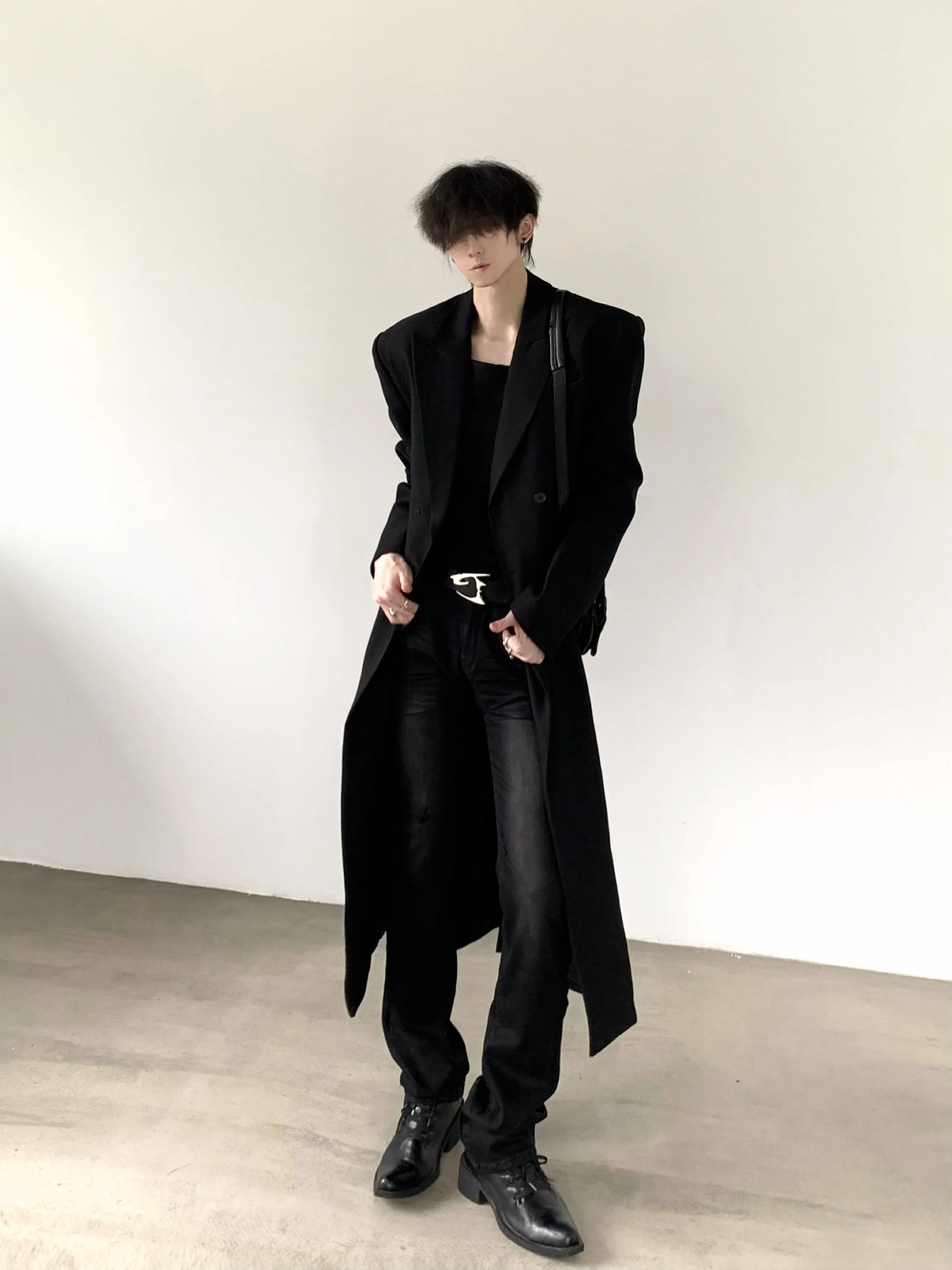 Washed Black Denim Jeans Men's Tight Fit Elastic High Waist Wrinkle Pressed Dark Washed Vintage Style Spring Autumn Seasonal