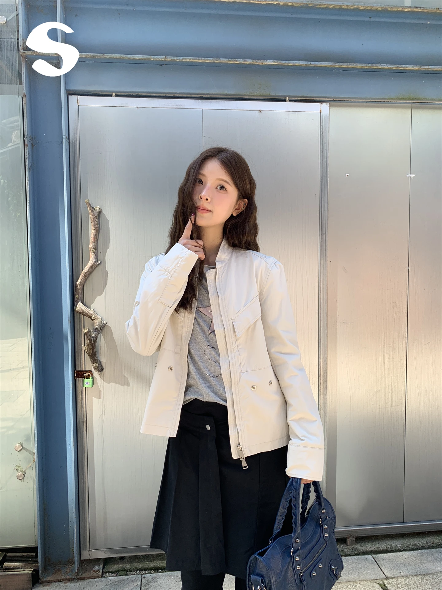 

Корейская рабочая одежда Jaet ort Верхняя одежда с двойной молнией и воротником-стойкой, женская белая высококачественная повседневная одежда прямого кроя