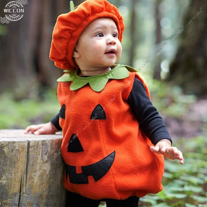 민소매 할로윈 호박 코스튬, 귀여운 아기 상의 및 모자, 어린이 세트, 할로윈 파티, 소년 소녀 카니발, 70-120