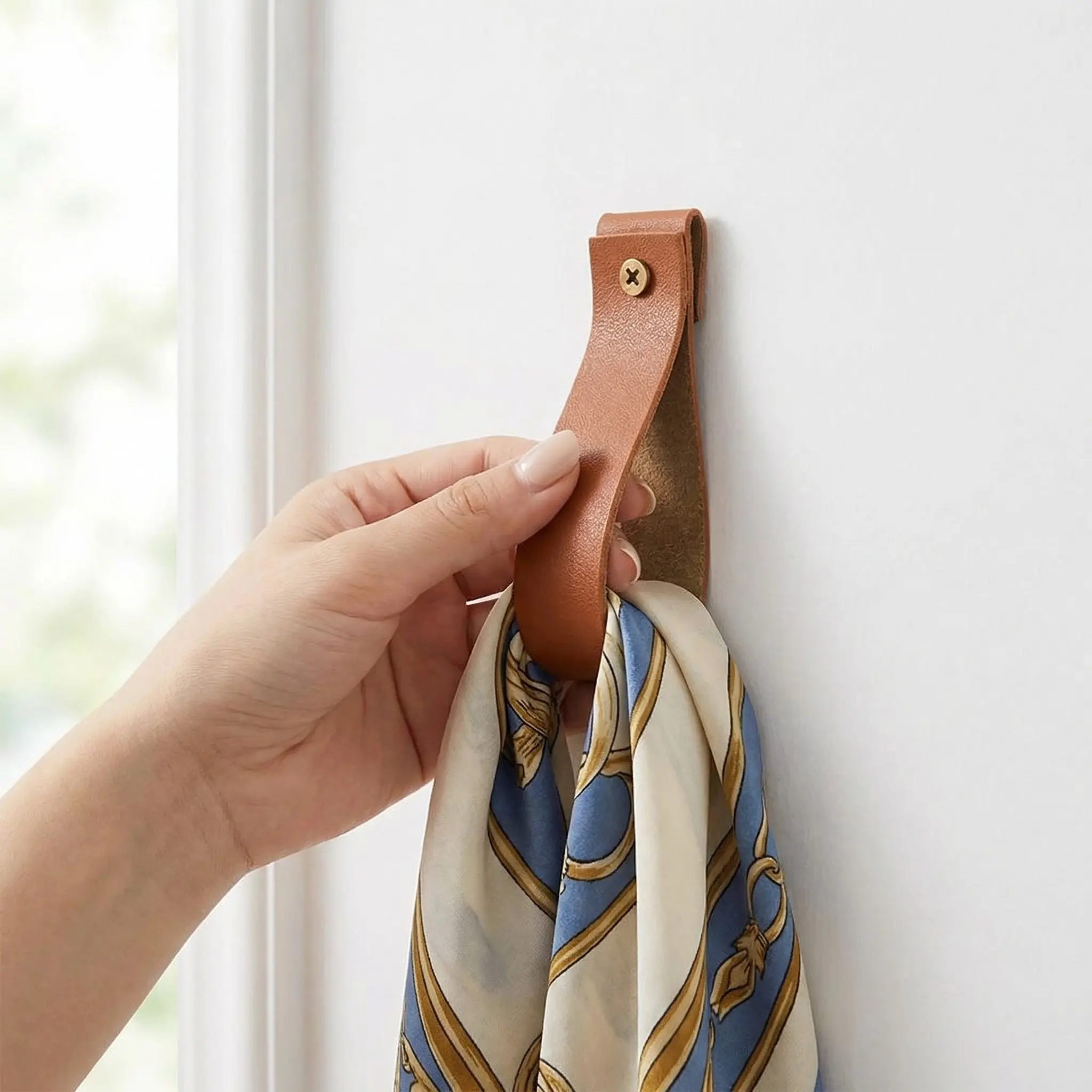 6Pcs PU Wall Hooks 4.7 Inch Minimalist Strap Hangers for Bathroom Kitchen Bedroom Towel Curtain Rod Support